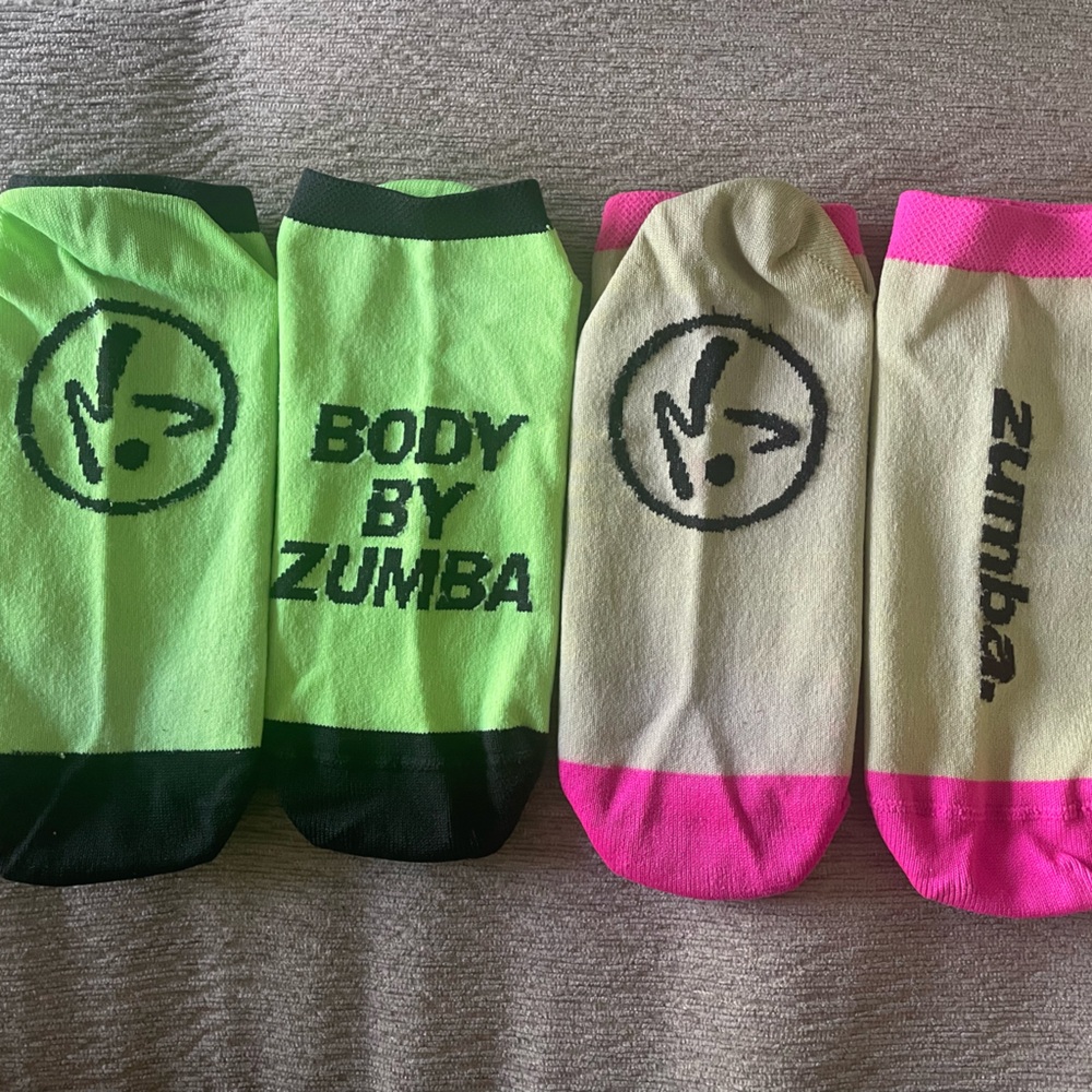 Stylish Zumba socks one size fits most, green and yellow pair with Zumba logo
